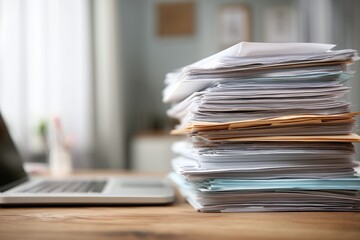 Stack of paper documents and laptop on desk with blurred background, concept for paperwork management, administrative tasks and accounting documents