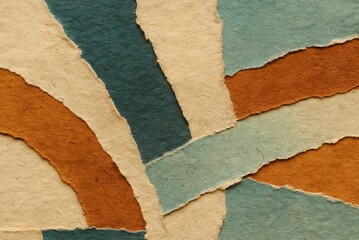 Layered handmade paper collage illustration, cream, teal, visible paper fibers, clean torn edges, 
