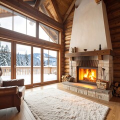 Cozy log cabin living room with fireplace and mountain view