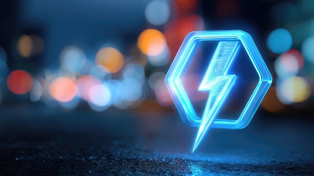 Futuristic electric symbol glowing in night city setting with blurred colorful background lights and hexagonal shape design