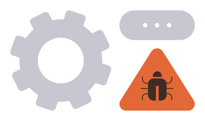 Gear symbolizes system settings, triangle with bug warns of software error, and menu dots indicate options. Ideal for tech errors, cybersecurity, system maintenance, debugging, IT solutions, coding