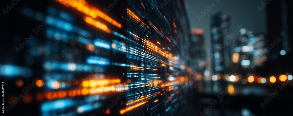 Poster abstract digital stream with blue and orange glowing data lines on cityscape background, concept for