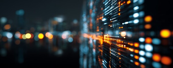 Abstract glowing blue and orange LED screen with blurred city lights background. Concept for data visualization, digital innovation and network communication