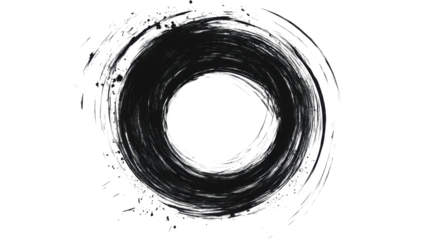 The image displays an abstract representation that resembles a black hole or a vortex, characterized by swirling circles and a dark center on white background 