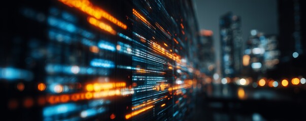 Abstract digital stream with blue and orange glowing data lines on cityscape background, concept for data visualization, modern technology and futuristic background