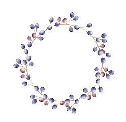 Watercolor illustration of a round wreath made of delicate blue berries and thin branches. Perfect for wedding invitation, greeting card, packaging, seasonal design, or elegant decorative project