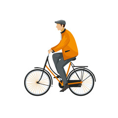 Naklejka premium Gentleman Riding Bicycle: A man in classic attire pedals a bicycle, offering a sense of urban lifestyle, outdoor leisure, and sustainable transport. 