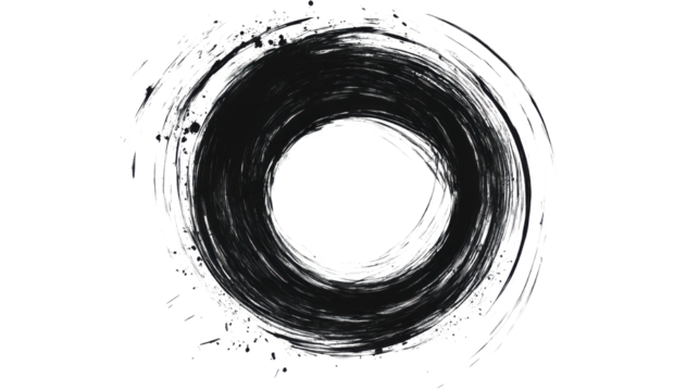 The image displays an abstract representation that resembles a black hole or a vortex, characterized by swirling circles and a dark center on white background 