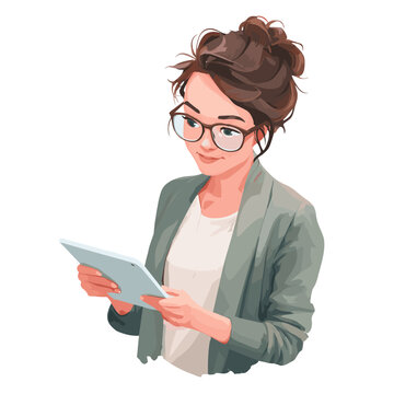 Smart Lady with Tablet: A young woman with glasses and holding a tablet, a scene of a modern professional is presented in an artistic cartoon style.