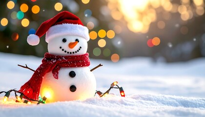 Cheerful snowman with hat and scarf in snowy scene, string lights
