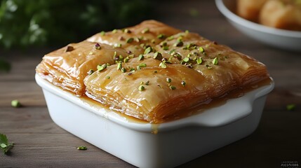 A delicious, golden-brown baklava, glistening with syrup, is topped with pistachios, arranged in a white baking dish on a wooden surface.