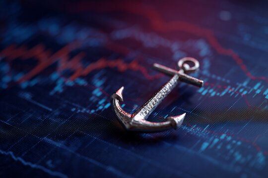 Shiny silver anchor on abstract blue and red stock chart background with grid lines, concept for financial stability, investment security and market analysis