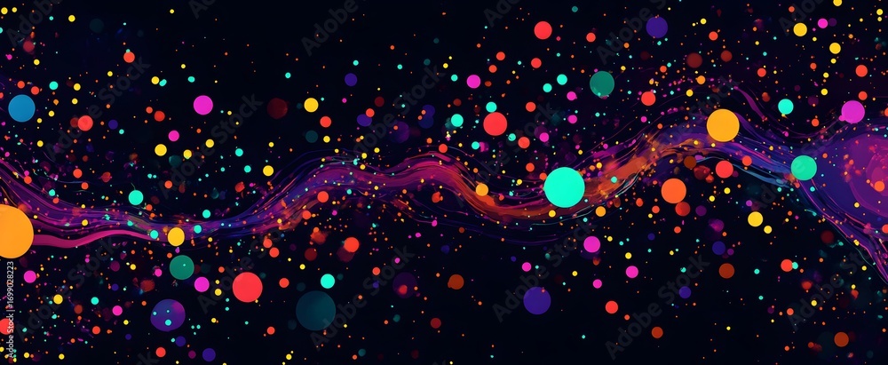 Poster a vibrant display of swirling colors and scattered circles against a dark background creates an ener