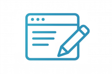 Blue pencil writing on translucent browser window, representing digital content editing and creative workflow with clean, minimalist graphic design