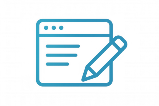 Blue pencil writing on translucent browser window, representing digital content editing and creative workflow with clean, minimalist graphic design