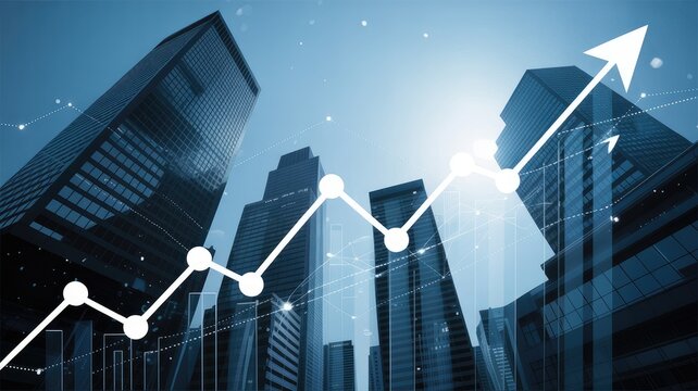Dynamic financial growth charts overlaying modern city skyscrapers, symbolizing business success and economic progress.
