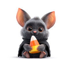 Cartoon bat holding candy corn, white background