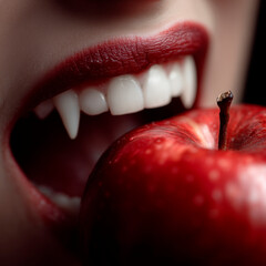 Close-up of vampire fangs biting into a red apple