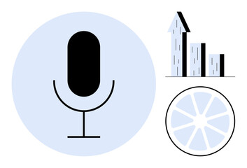 Microphone, upward bar graph, segmented circle. Ideal for podcasts, growth, analytics, communication, progress marketing and media. Perfect for a simple landing page