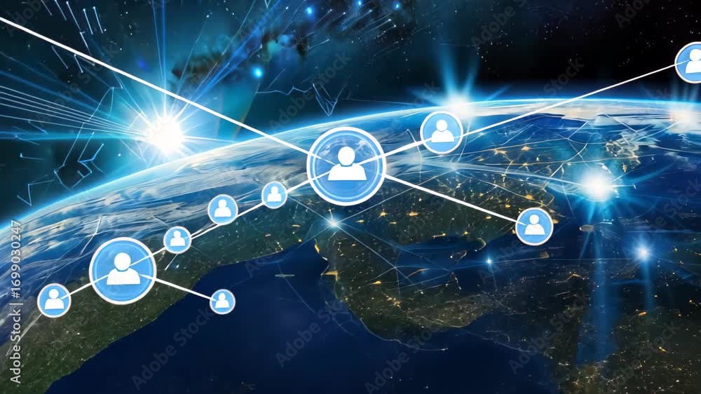 Aufkleber global network: illustrating the interconnectedness of communication and data transfer around planet