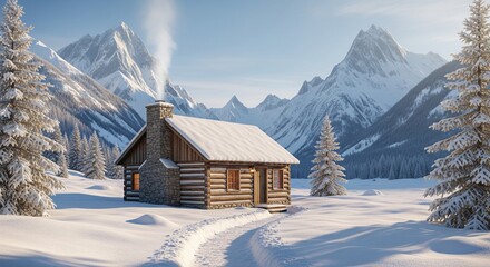 Cozy wooden log cabin in snowy alpine forest with mountains, glowing warm lights and chimney smoke, winter holiday background