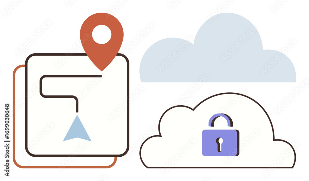 Poster gps map marker beside a cloud with lock symbol emphasizing security, navigation, and data protection