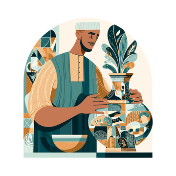 Artisan's Ceramic Creation: A skilled artisan, immersed in his craft, meticulously works on a vibrant ceramic vase, bringing art to life with every touch.