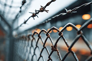 Rusty wire mesh fence with barbed wire, out of focus background