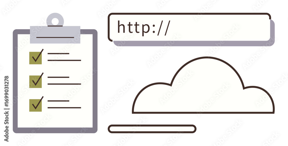 Poster clipboard with checklist, browser search bar with url entry, and minimal cloud icon. ideal for produ