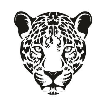 Jaguar's Striking Silhouette: A bold, black and white graphic art portrayal of a jaguar's powerful face, exuding a sense of strength and wild grace. 