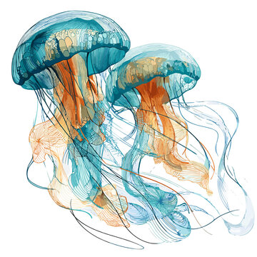 Dancing Jellyfish: An enchanting artistic watercolor painting presents two jellyfish with ethereal, translucent bodies and flowing tentacles, evoking the mystical beauty of the sea