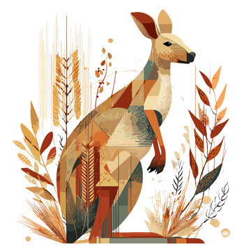 Geometric Kangaroo: A stylized kangaroo stands proudly, its form artfully rendered in a geometric design, seamlessly blending with a backdrop of vibrant plant life and earthy tones.