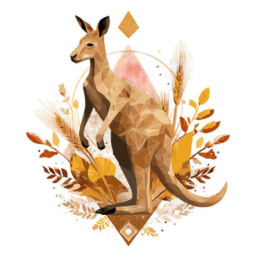 Geometric kangaroo illustration: A captivating, low-poly geometric illustration of a kangaroo amidst natural elements. The artwork captures the essence of the Australian outback.