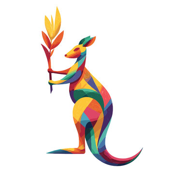 Playful kangaroo illustration: A vibrant and stylized illustration of a kangaroo with intricate mosaic-like details. Holding a colorful plant