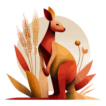 Kangaroo in Artistic Habitat: A vibrant, digitally-crafted illustration of a kangaroo in a stylized outdoor setting, showcasing the animal's iconic pose amidst artistic flora and natural elements.