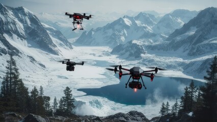 Three drones fly over a frozen alpine lake, high in the mountains.  Snowy peaks surround a tranquil valley
