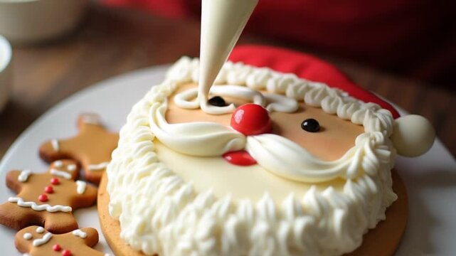 I put the cream on the cake with the help of a confectionery bag. Christmas cake with gingerbread cookies in the shape of Santa Claus