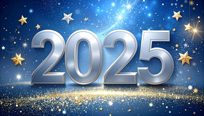 New Year 2025, metallic silver numbers, gold stars, blue background