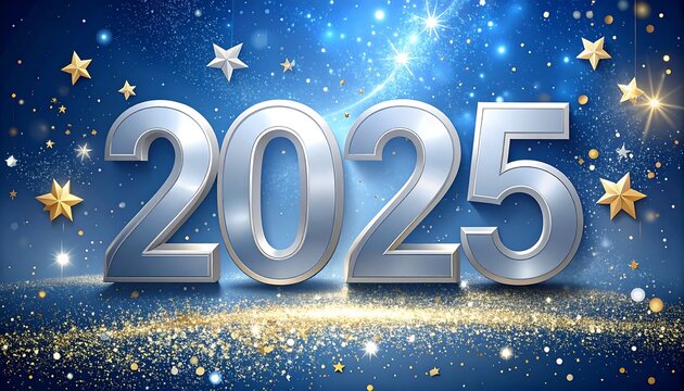 New Year 2025, metallic silver numbers, gold stars, blue background - Powered by Adobe