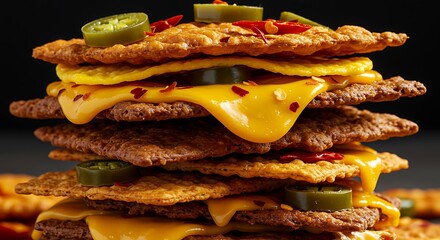 Stacked Cracker Snack with Melted Cheese and Jalapenos