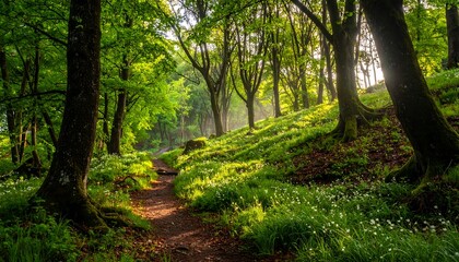 Obraz premium A sun-dappled woodland path winds through a vibrant green forest, bathed in the soft morning light.