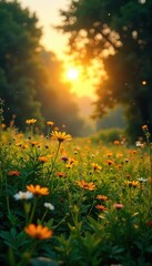 Golden hour sunlight bathes a lush green meadow, wildflowers blooming vibrantly, fireflies twinkling in the twilight A tranquil summer evening scene in nature , grass, summer, bloom