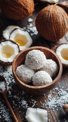 Delicious coconut dessert balls served in a wooden bowl with fresh coconut halves on a rustic table