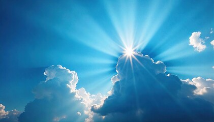 Spectacular view of blue-hued sun rays piercing through a partly cloudy sky, creating a vibrant and ethereal atmosphere  Perfect for backgrounds, nature themes, and artistic projects , heavenly, blue
