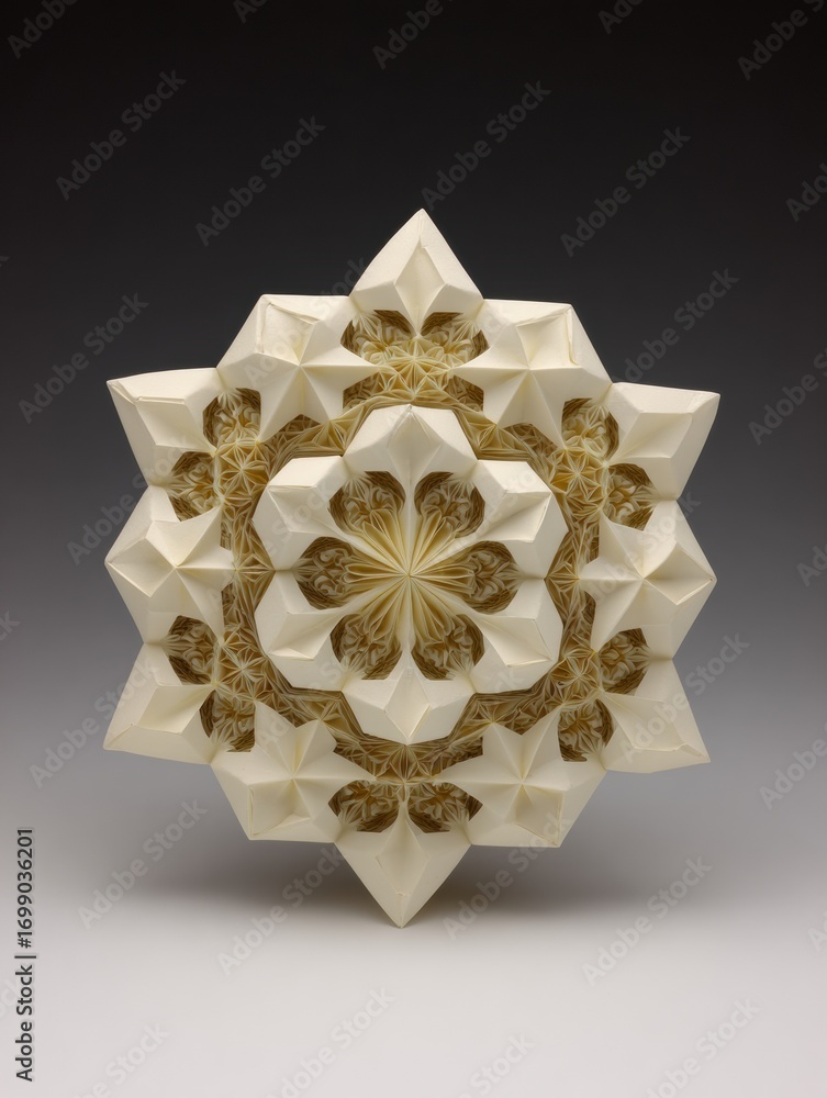 Poster intricate geometric sculpture featuring interlocking shapes and patterns crafted from lightweight ma