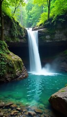 Serene waterfall cascading over mossy rocks into a crystal-clear pool, surrounded by lush green forest Perfect for nature, travel, and relaxation themes , rocks, energy