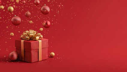 Red gift box with gold ribbon, Christmas ornaments, and confetti on a red background