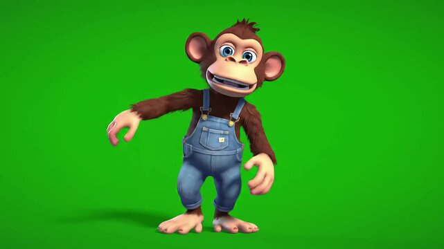A cheerful monkey in blue overalls dancing on green background with monkey dance dance monkey concept
