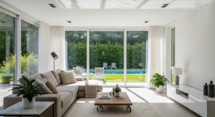 Naklejka premium Bright Modern Living Room with Pool View and Natural Light Streaming Through Large Windows