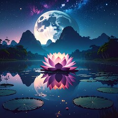 Serene lotus flower in a night landscape